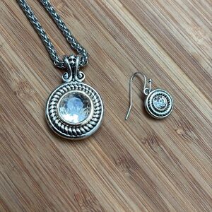 Brighton Silver Crystal Pendant Necklace Two Toned Reversible (+ one earring)